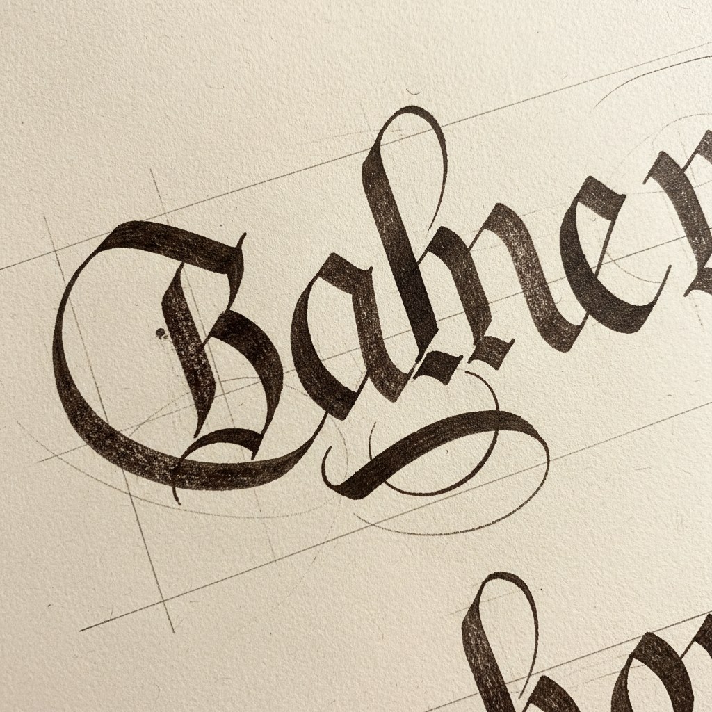 Kağıt üzerine fırça kalemle çizilmiş, kılavuz çizgileriyle kurulan el yazısı kaligrafik lettering
